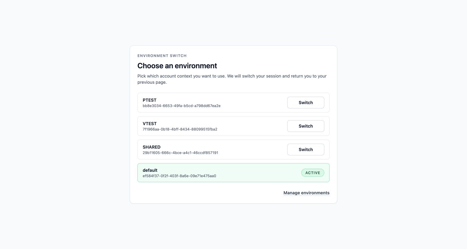 MailSlurp environment chooser for a user with multiple environment grants