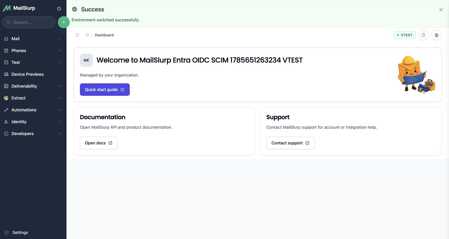 MailSlurp dashboard after switching to VTEST