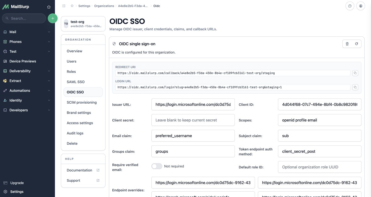 MailSlurp OIDC settings for an Entra organization