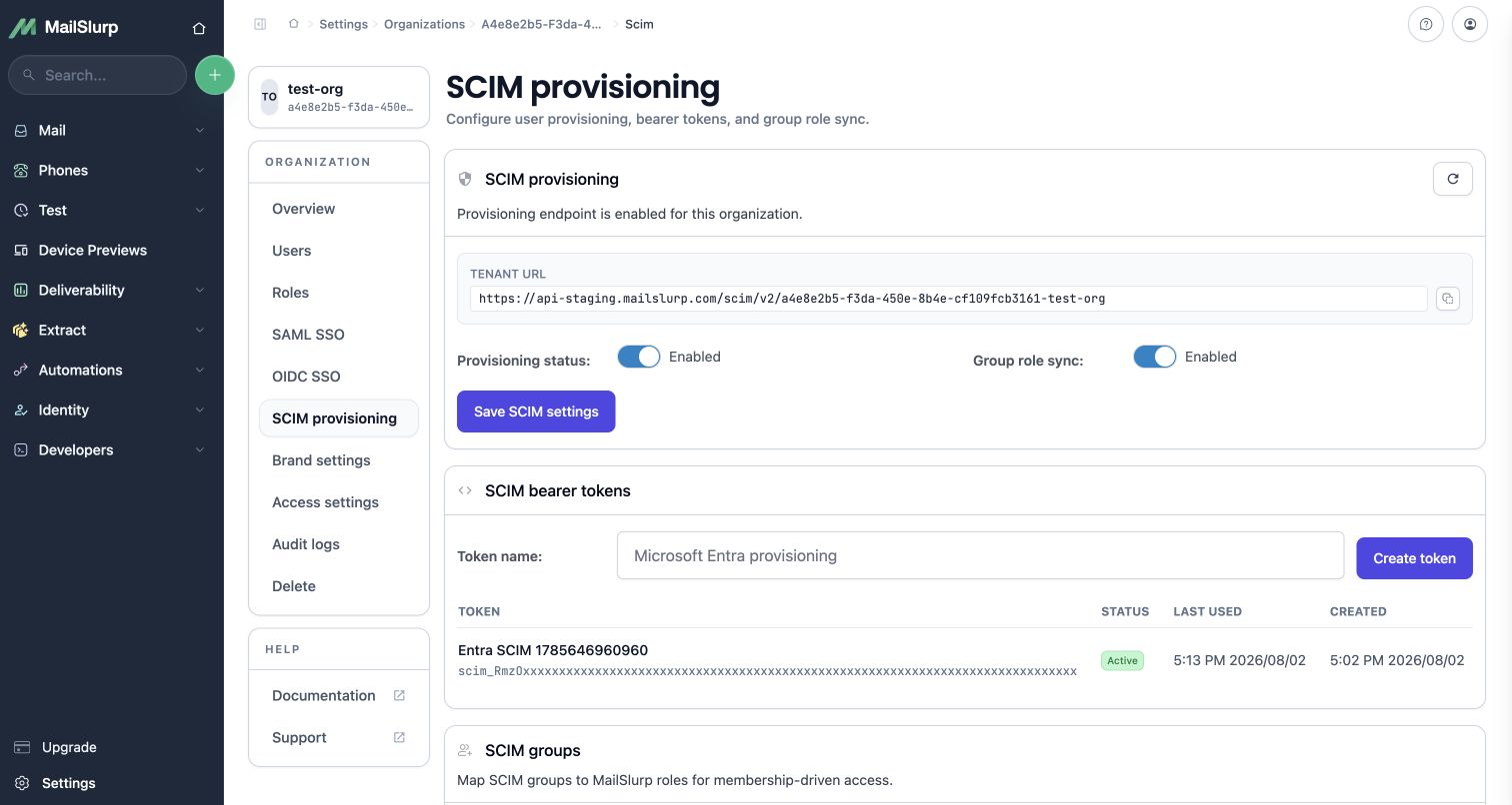 MailSlurp SCIM settings with group role sync enabled