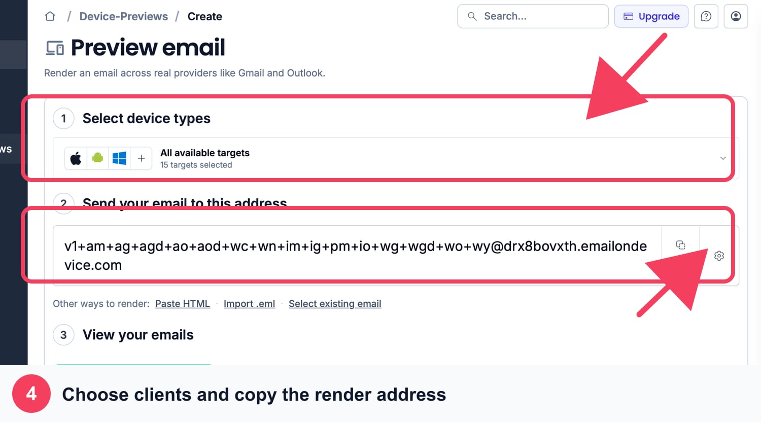MailSlurp client selection and render address