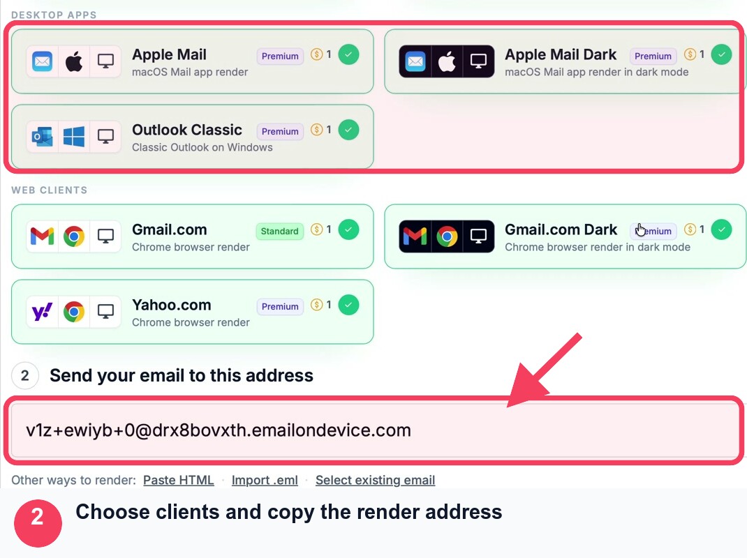 MailSlurp client selection and render address