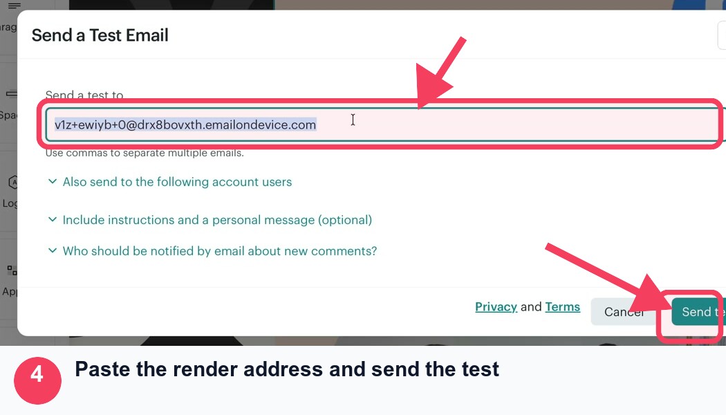 Mailchimp test-send dialog with the MailSlurp render address