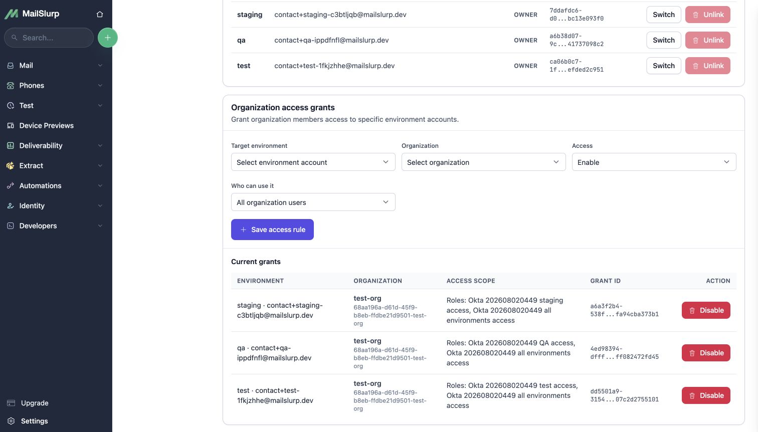 MailSlurp environment grants restricted to Okta-managed roles