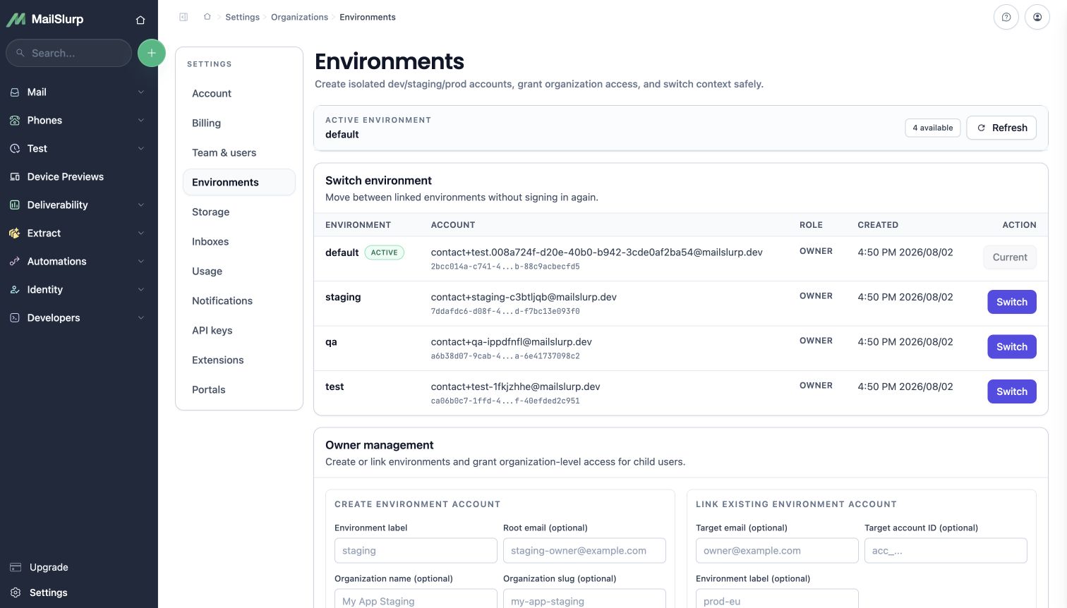 MailSlurp environments for default, staging, QA, and test