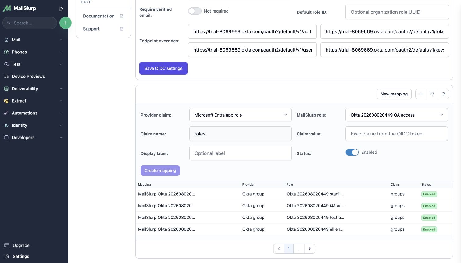MailSlurp role mappings for Okta groups