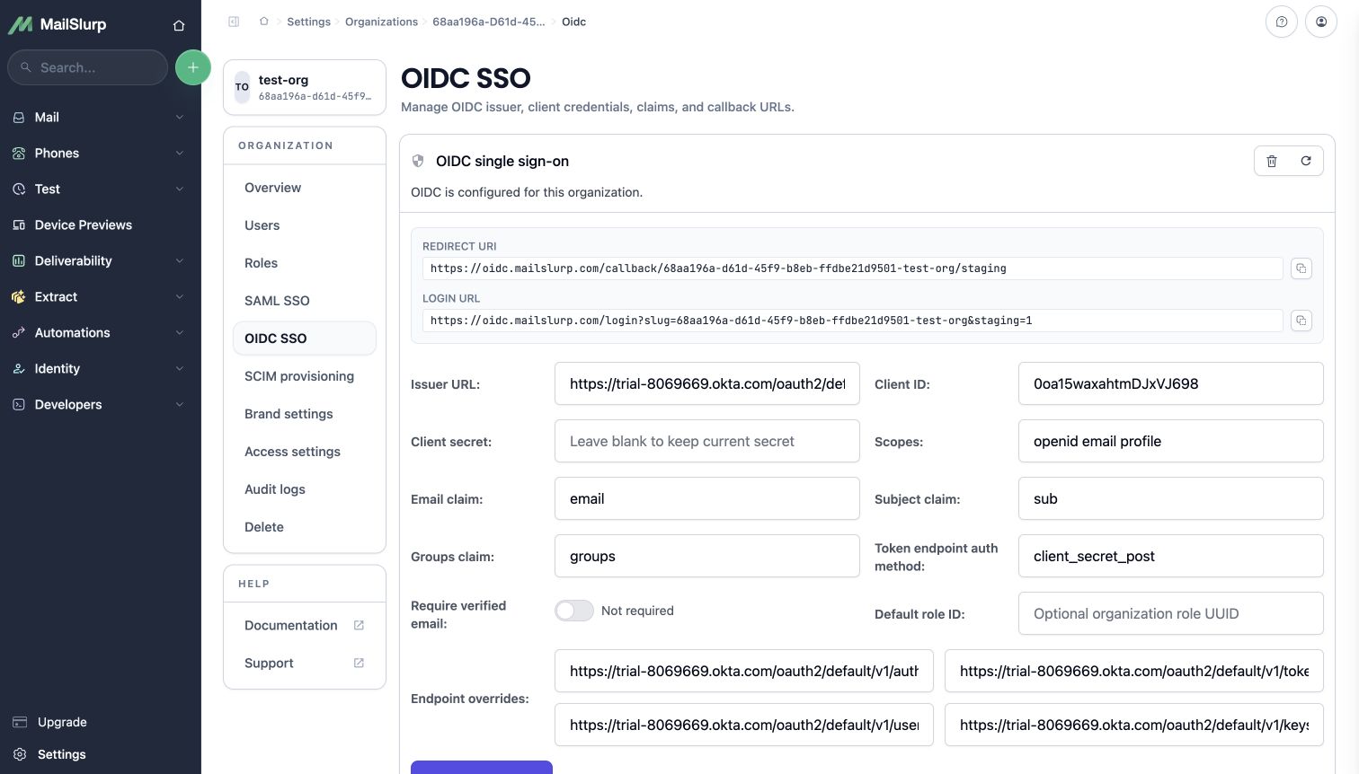 MailSlurp OIDC settings for Okta