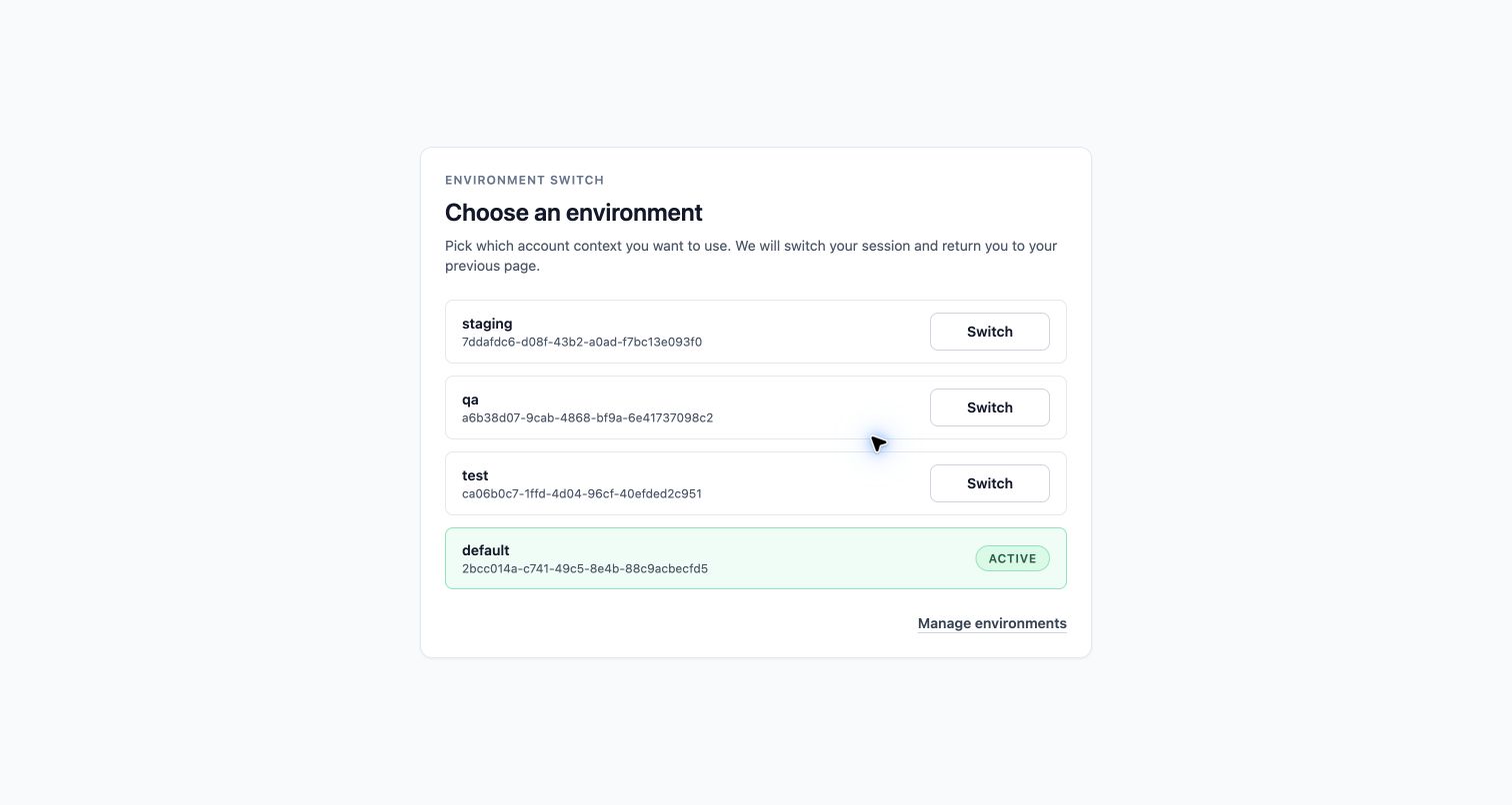 MailSlurp environment chooser after launching the Okta tile