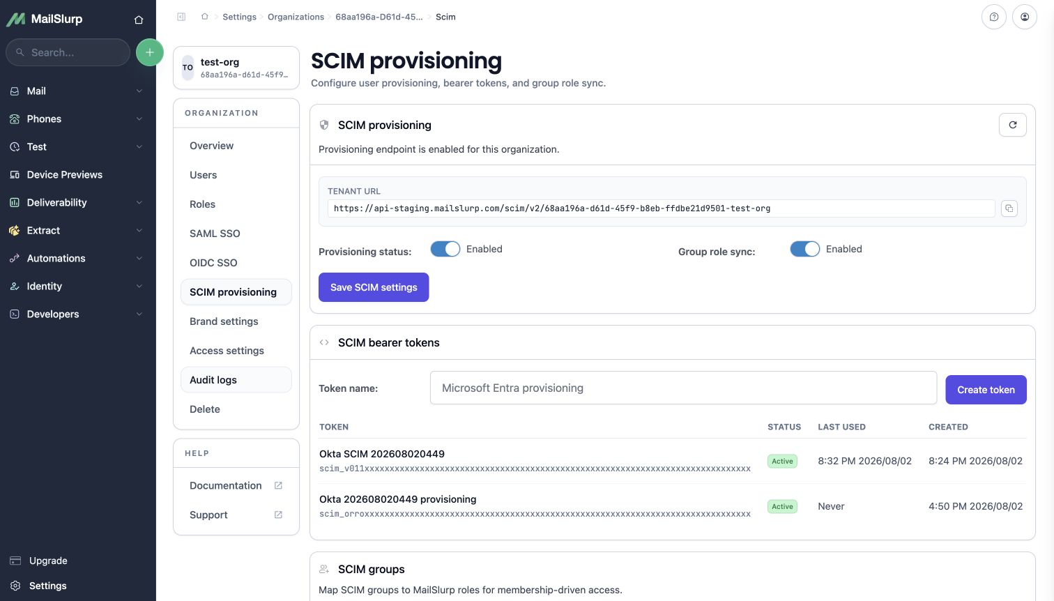 MailSlurp SCIM group role sync settings with Okta groups mapped to MailSlurp roles