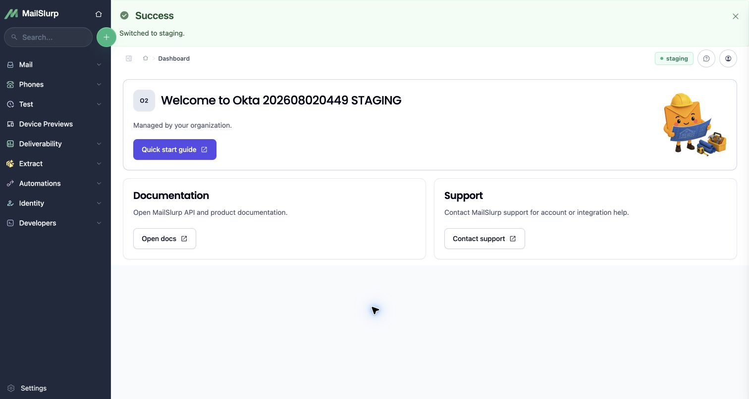 MailSlurp dashboard after an Okta staging-only user is switched to staging