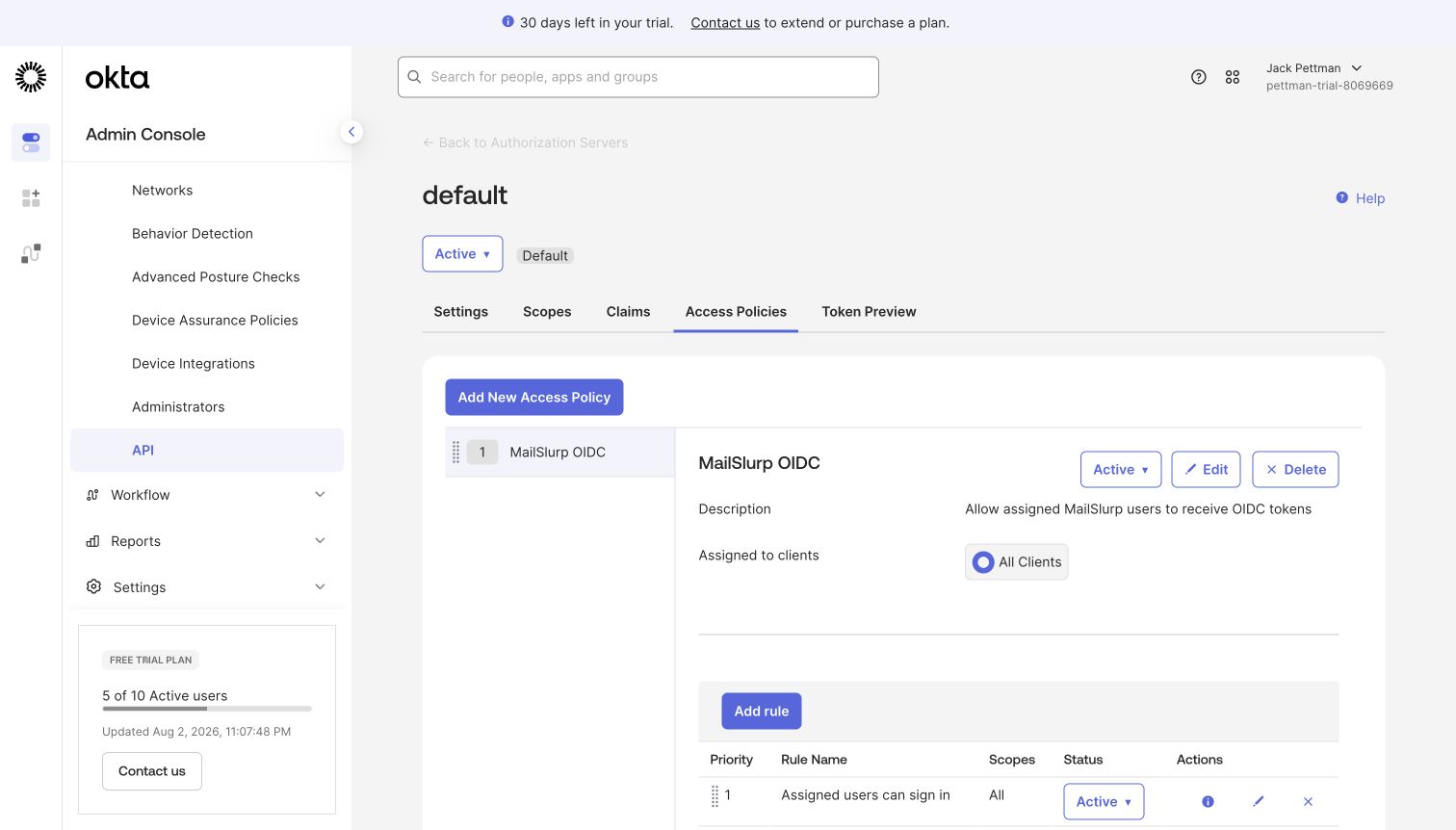 Okta authorization server access policy with an active MailSlurp OIDC rule