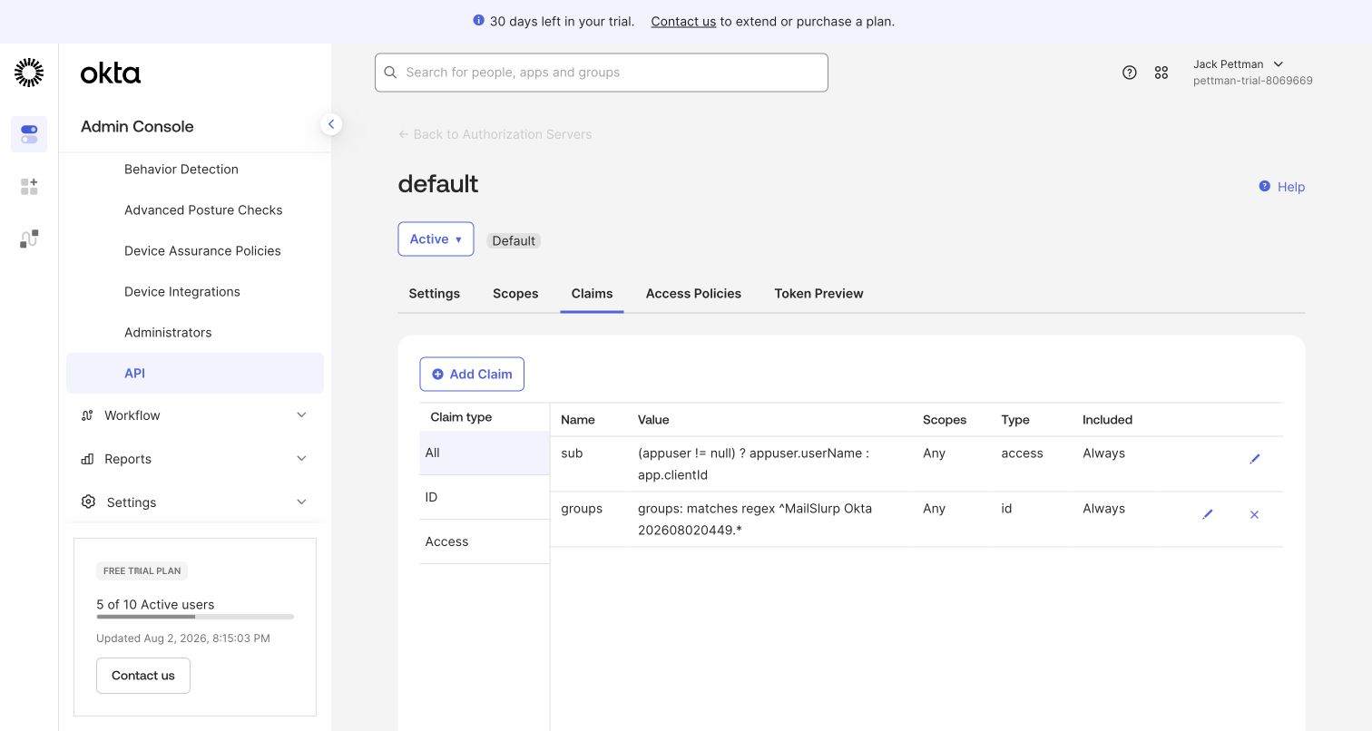 Okta authorization server groups claim for MailSlurp groups