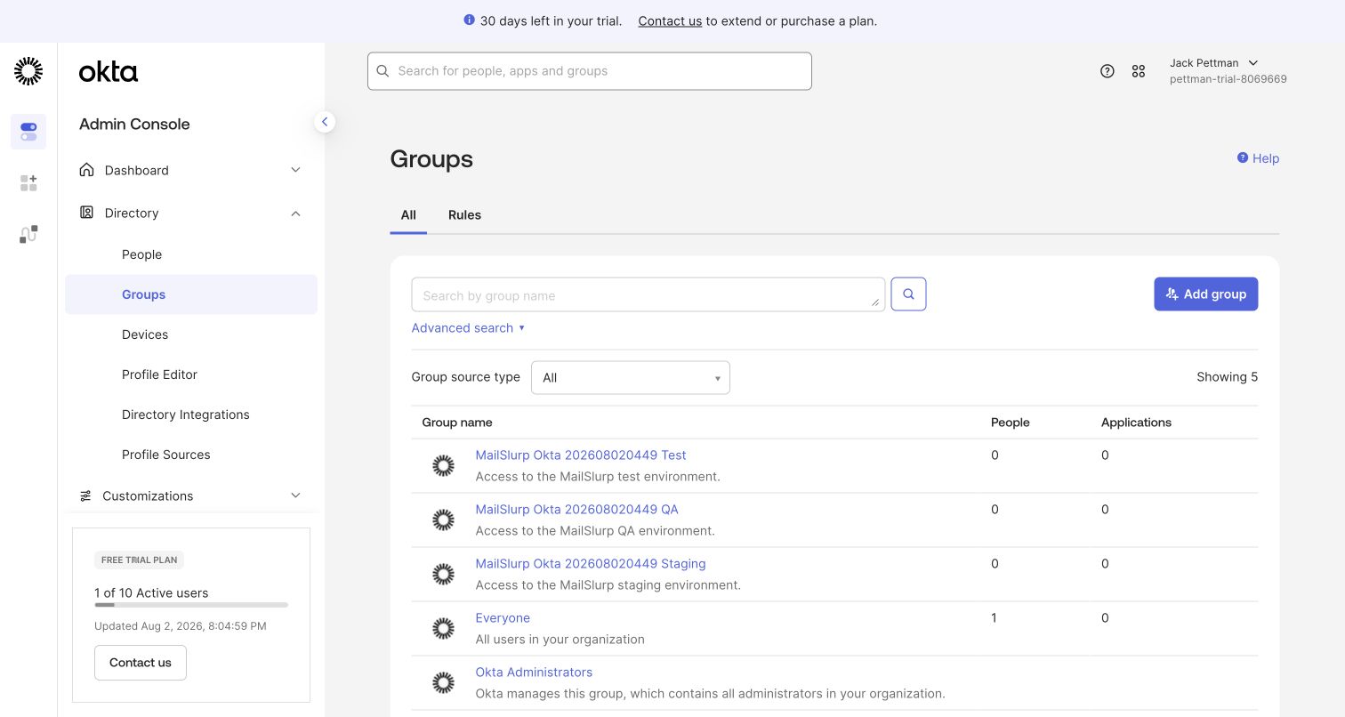 Okta groups for MailSlurp environment access