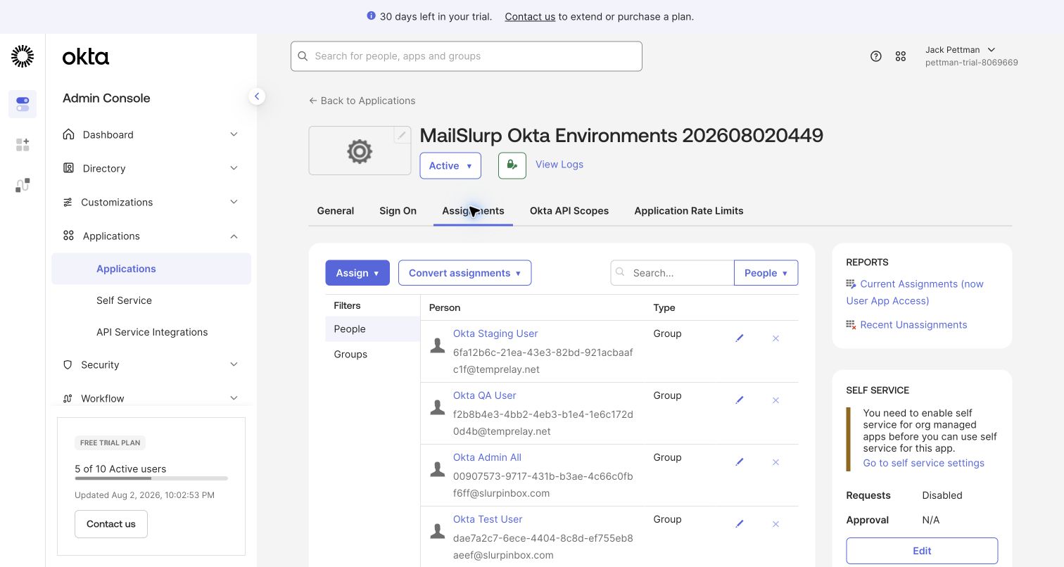 Okta OIDC app assignments showing users assigned through MailSlurp groups