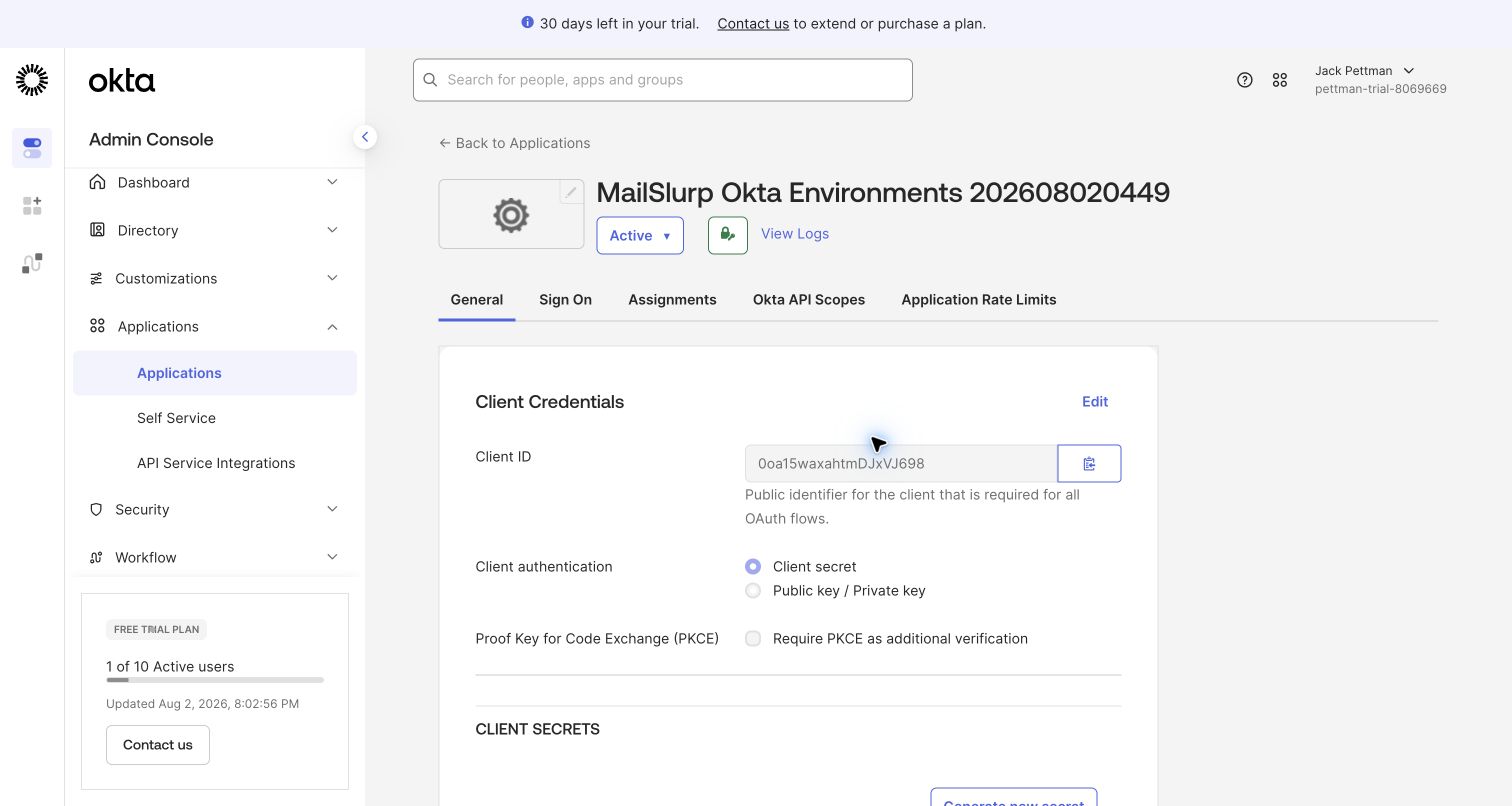 Okta OIDC app general settings for MailSlurp
