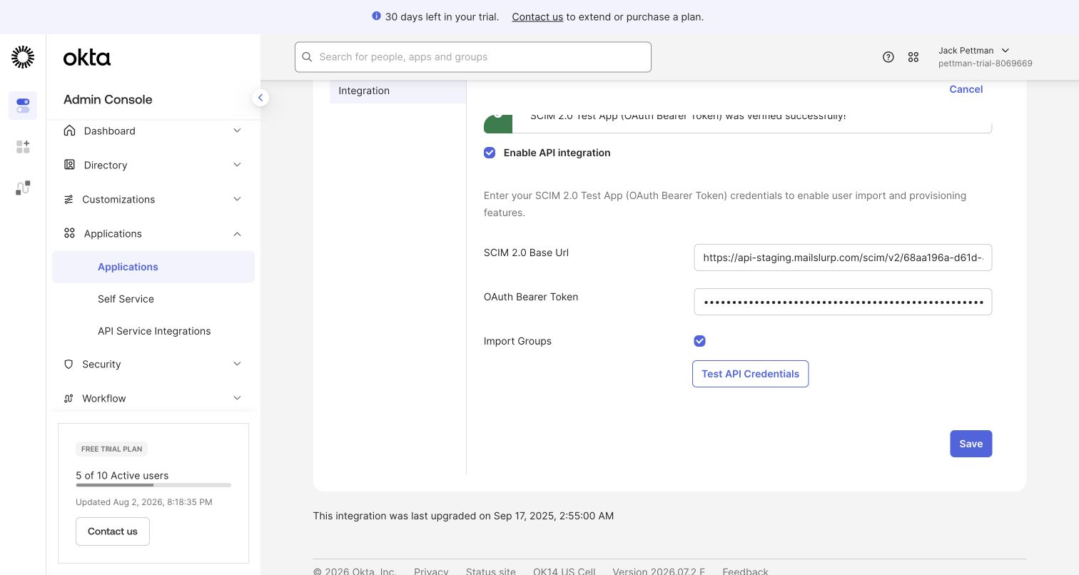 Okta SCIM credential test succeeds against MailSlurp