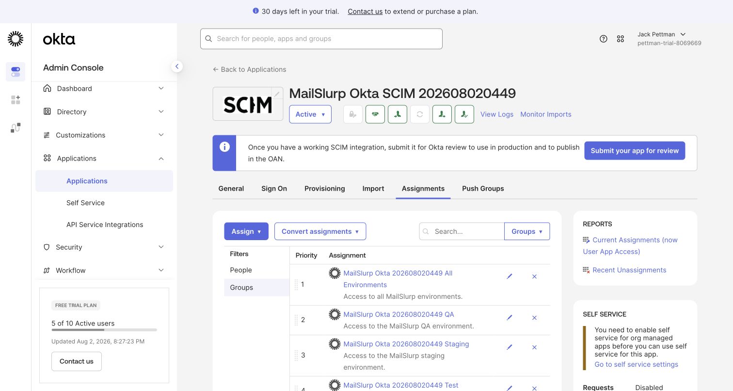Okta SCIM app group assignments