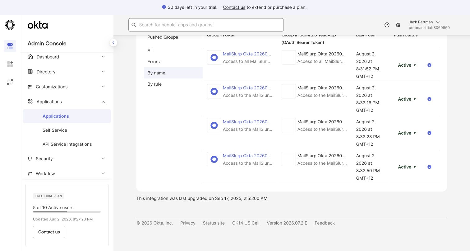 Okta pushed groups for MailSlurp SCIM