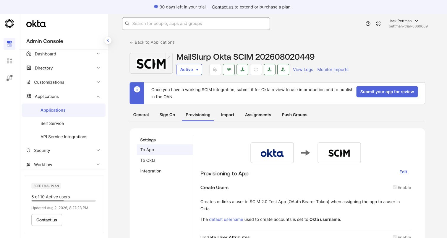 Okta SCIM To App provisioning actions enabled