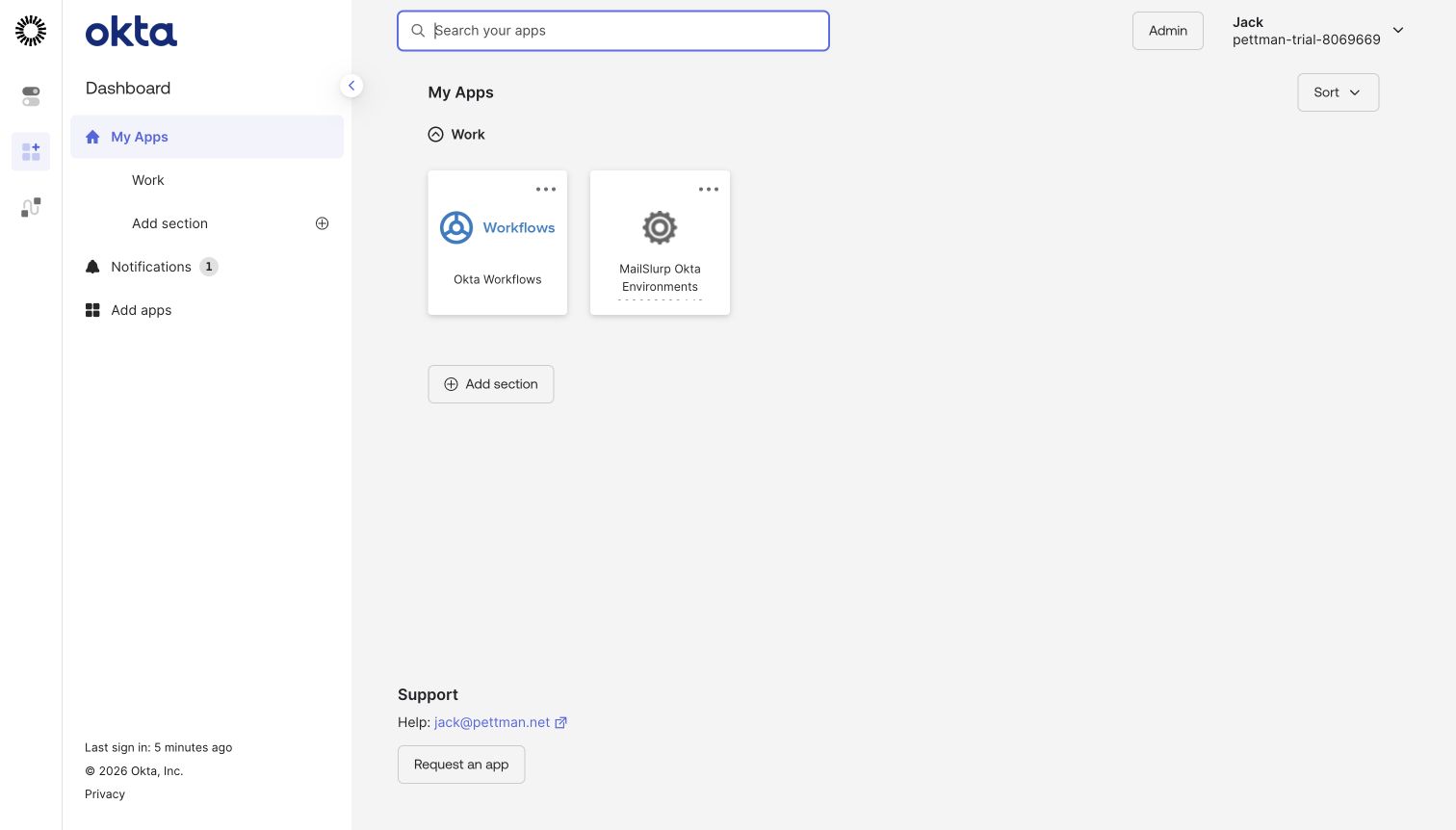 Okta My Apps dashboard showing the MailSlurp OIDC tile