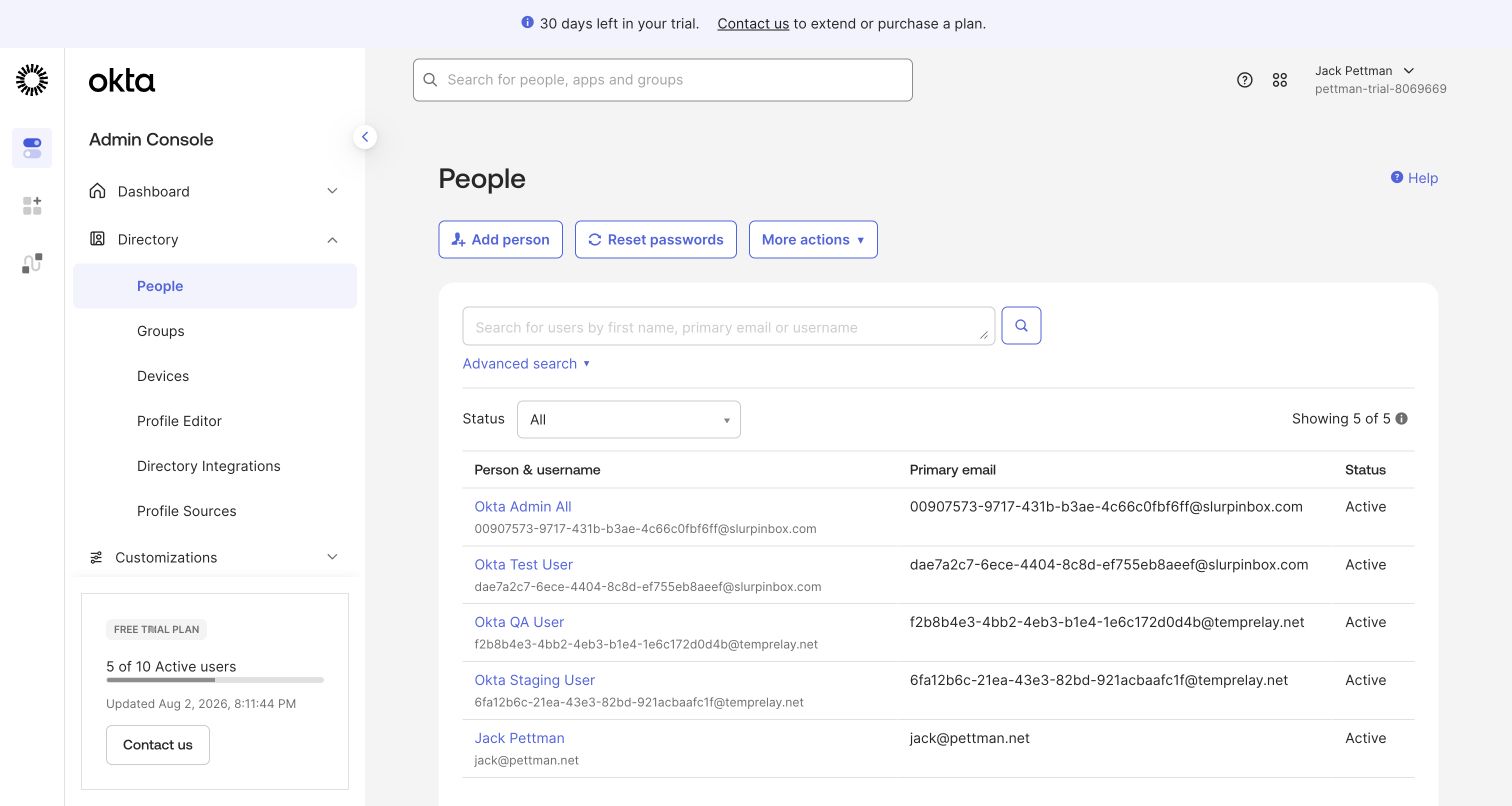 Okta users for MailSlurp environment testing