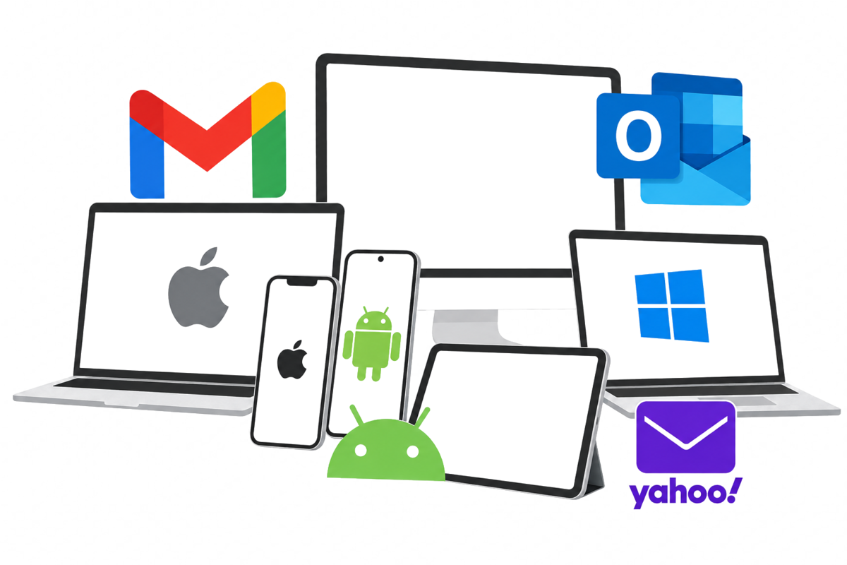 Gmail, Outlook, Yahoo Mail, Apple, Android, and Windows arranged around phone, tablet, laptop, and desktop devices
