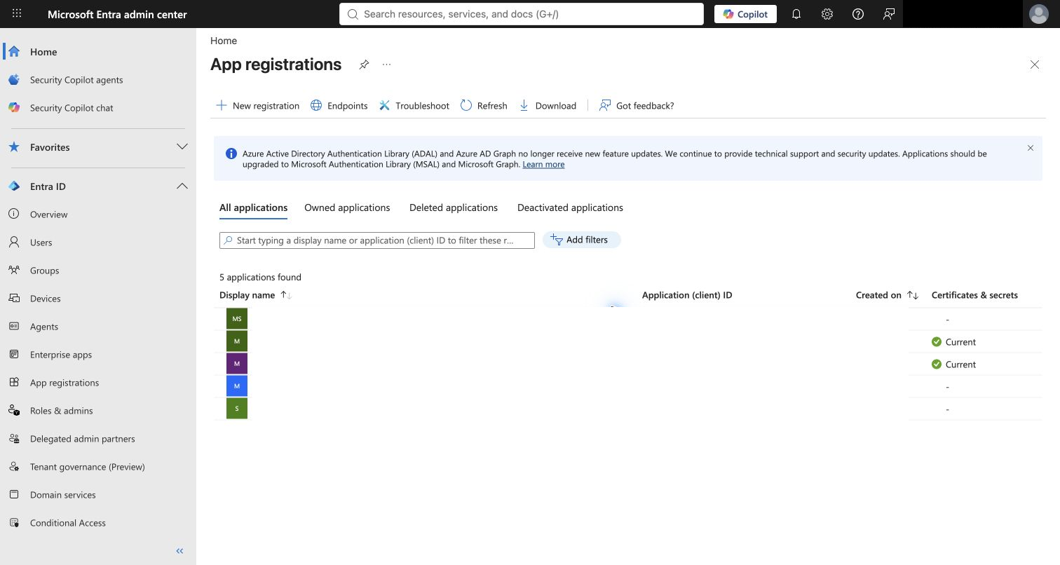 Entra app registrations page