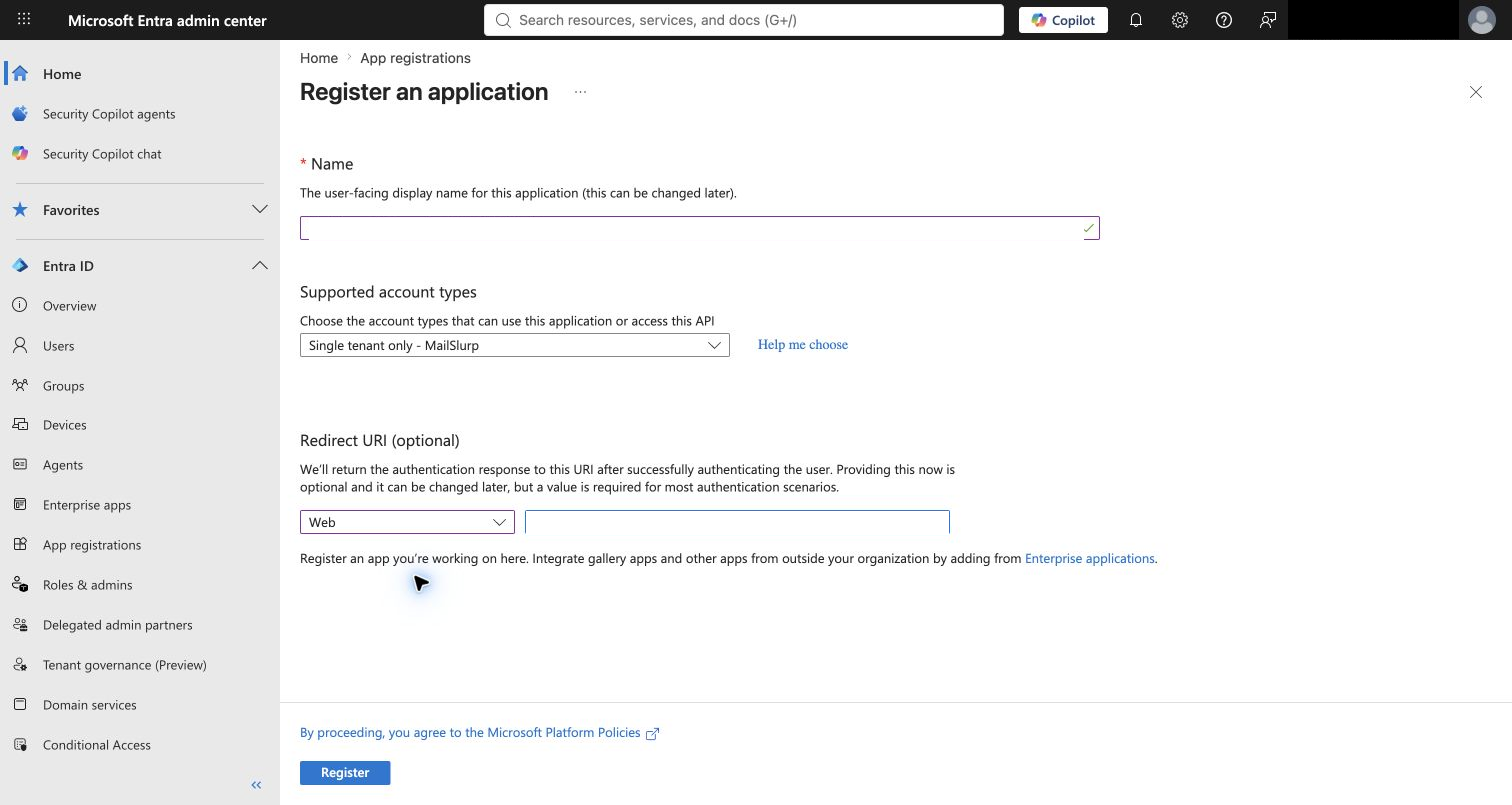 Entra register application form with the MailSlurp callback URI