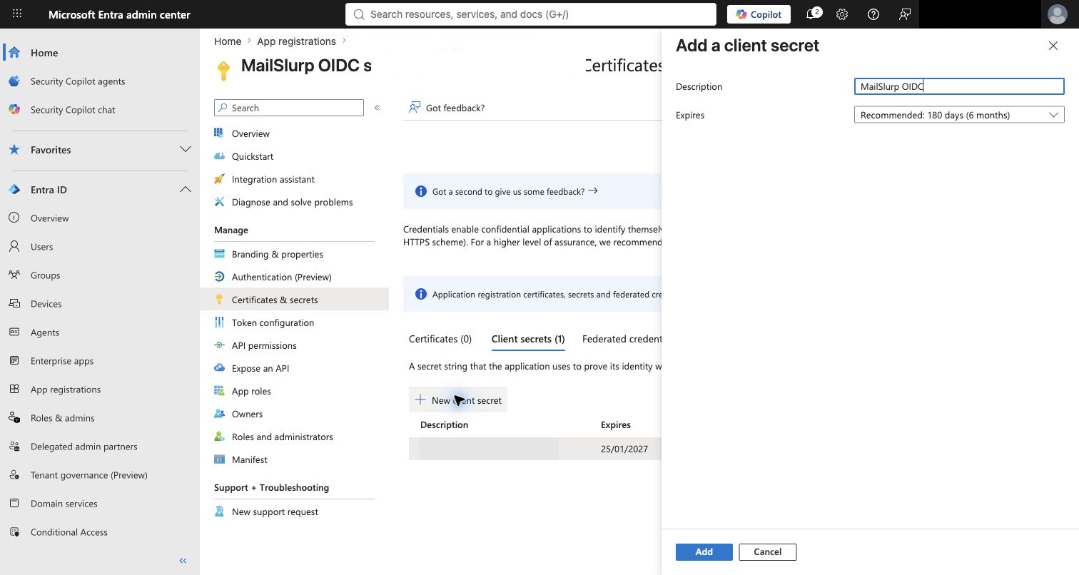 Entra client secret form