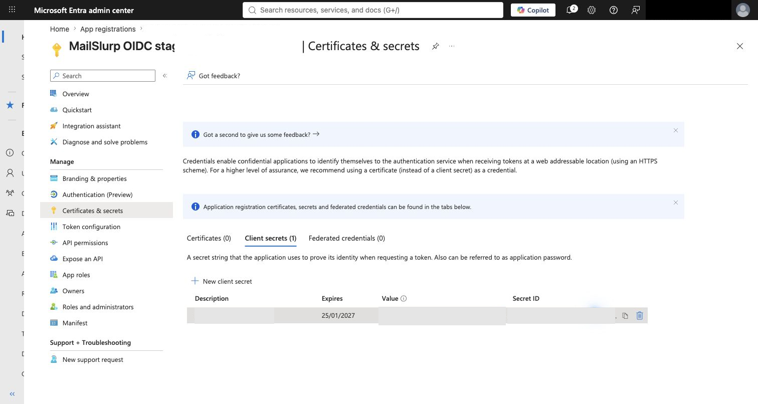 Entra client secret created with the secret value redacted
