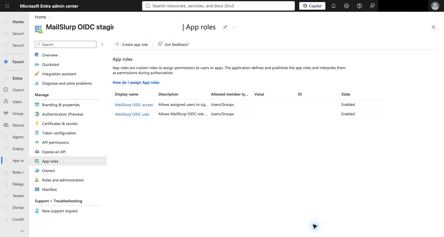 Entra app roles for MailSlurp OIDC