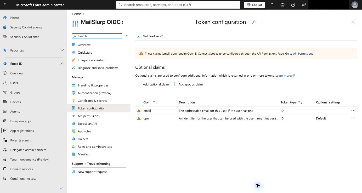 Entra token configuration with optional user and group claims