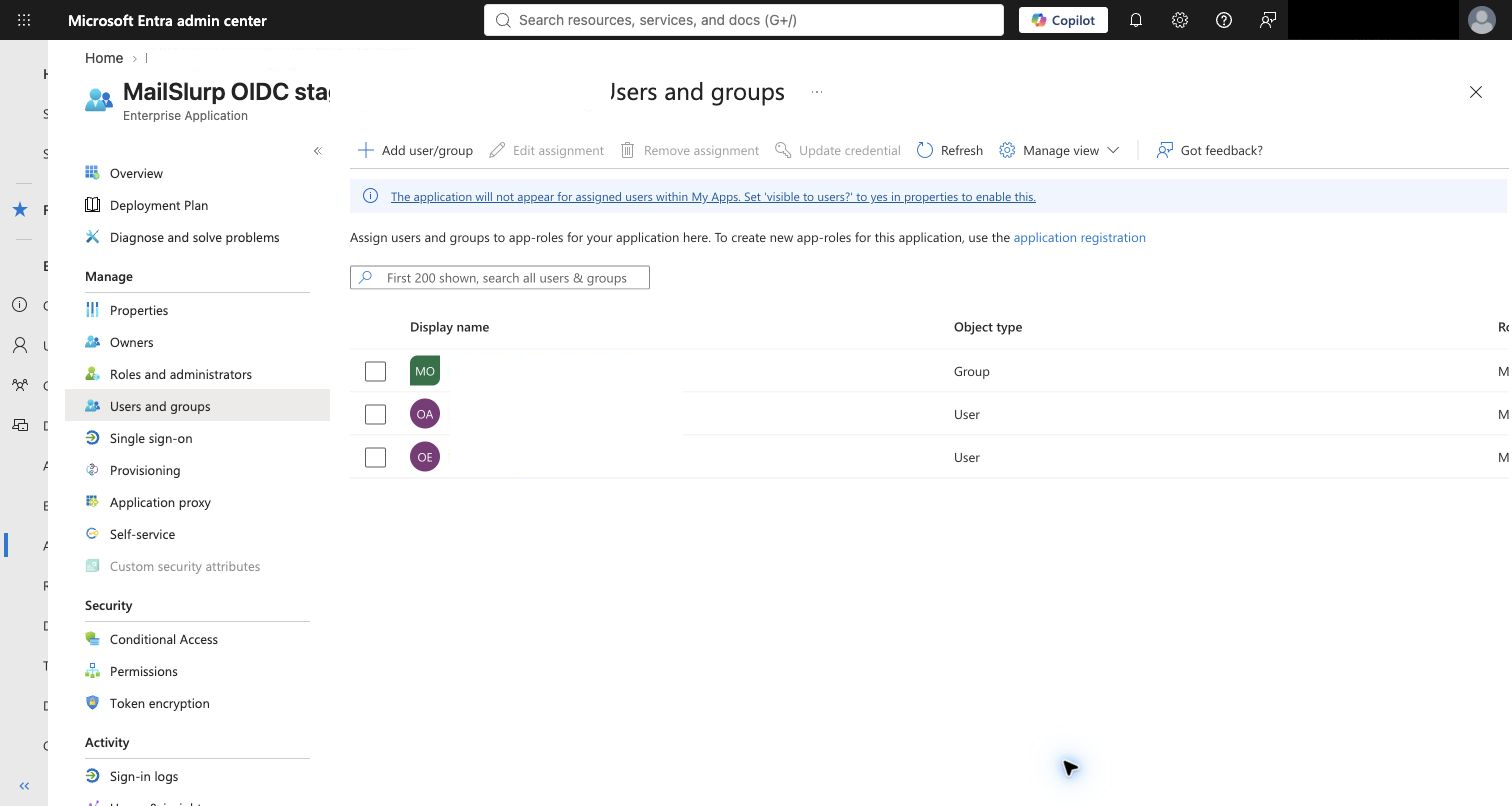 Entra users and groups assigned to the Enterprise Application