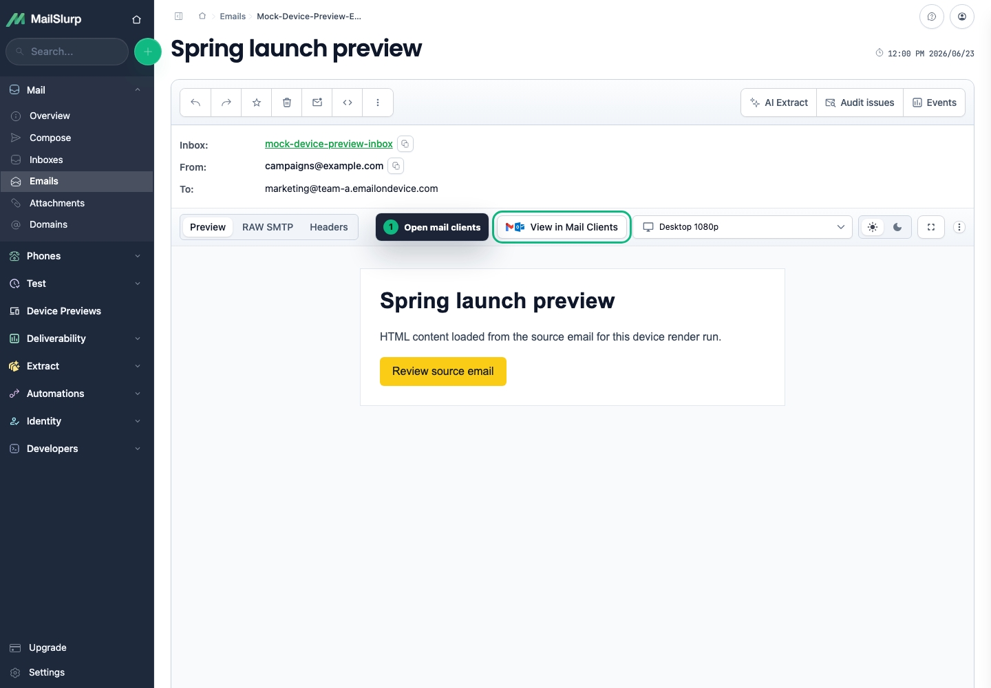 MailSlurp email view with the View in Mail Clients action highlighted