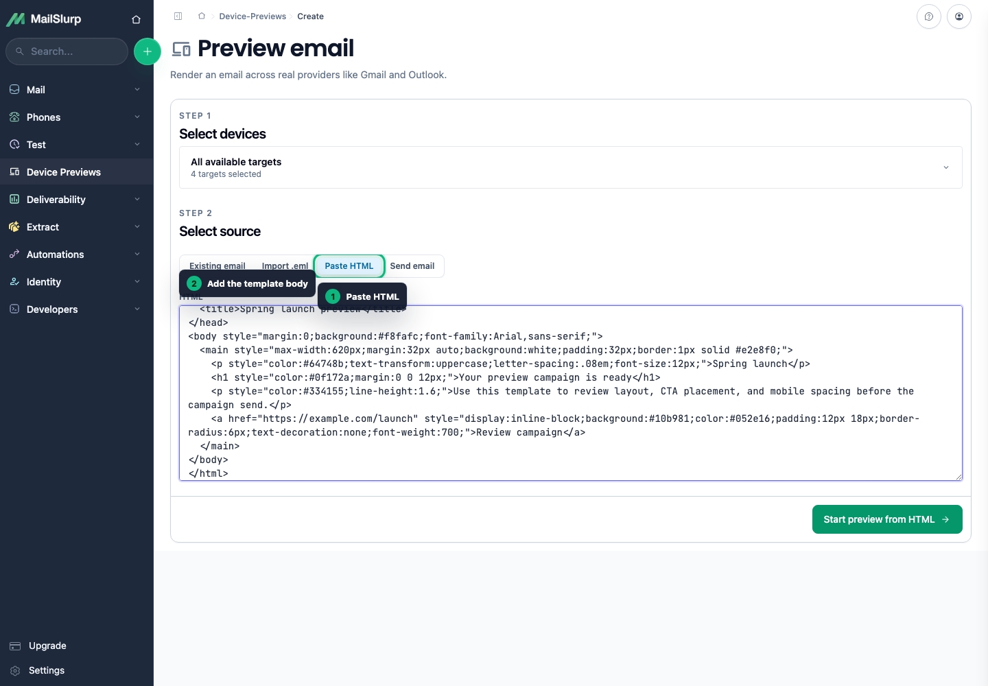 MailSlurp device preview create page with Paste HTML selected