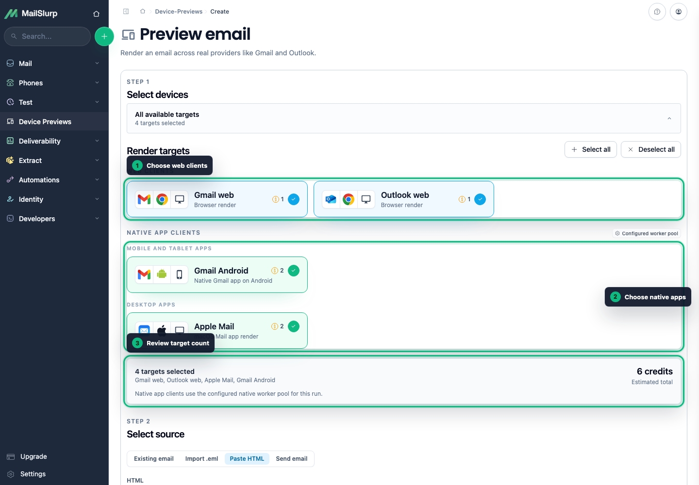 MailSlurp device preview target selector with web and native client choices highlighted