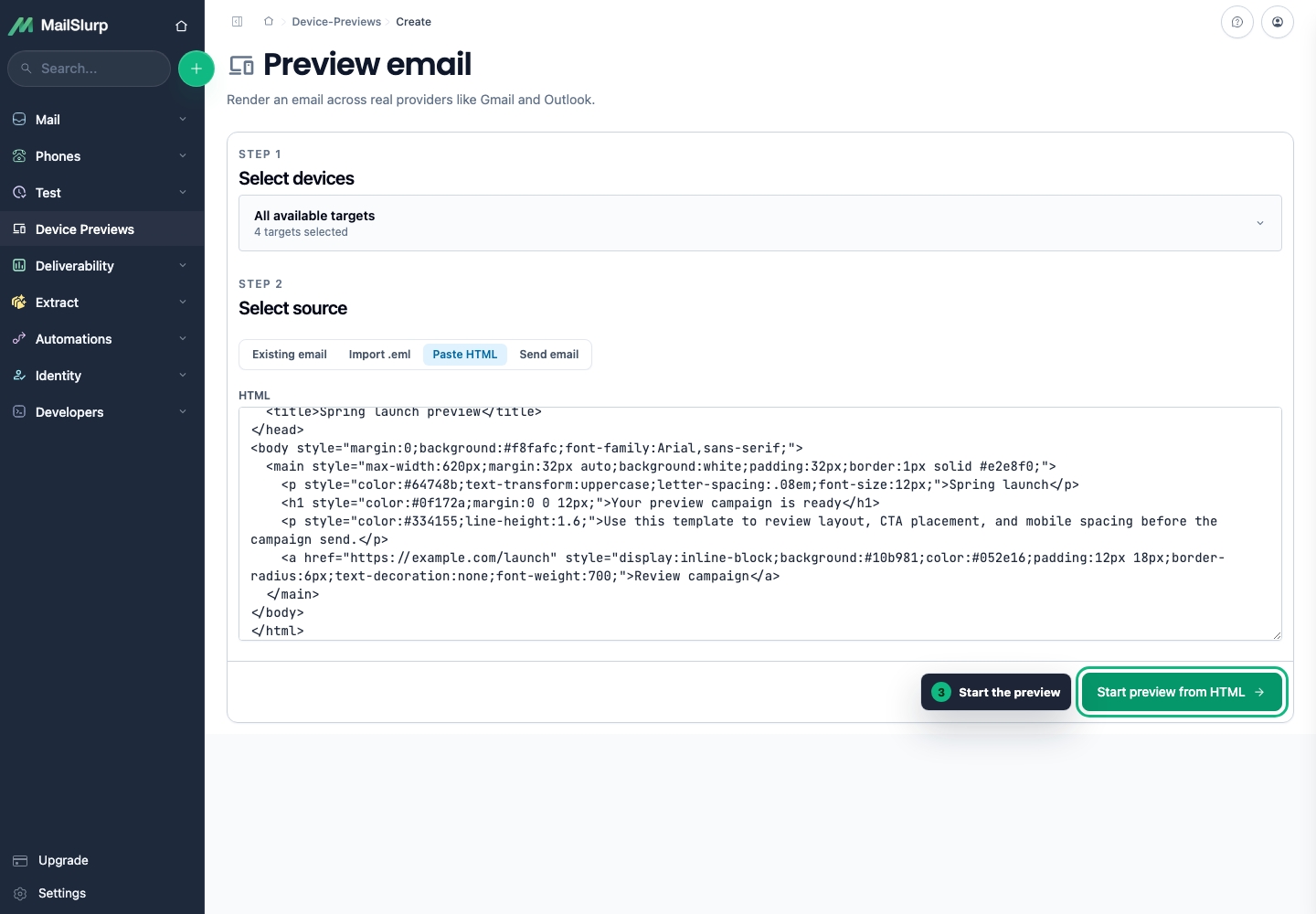 MailSlurp device preview create page with the start preview action highlighted