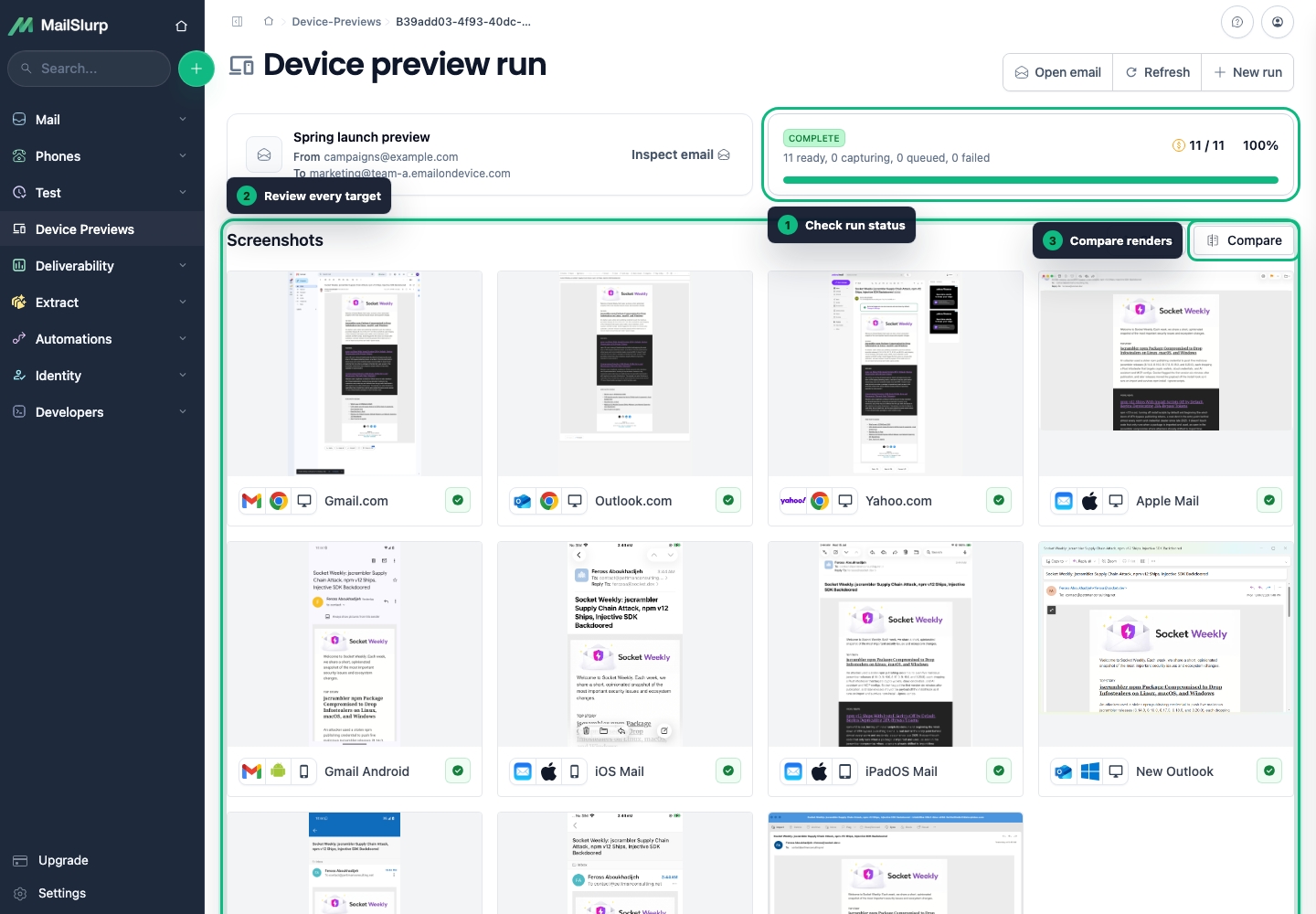 MailSlurp device preview result grid with status, screenshots, and compare action highlighted