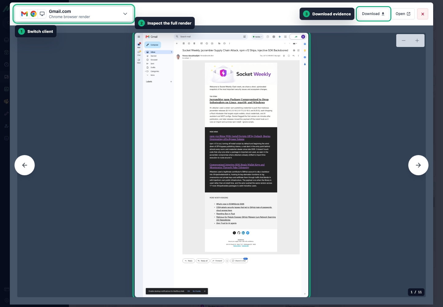 MailSlurp device preview screenshot modal with target switcher and download action highlighted