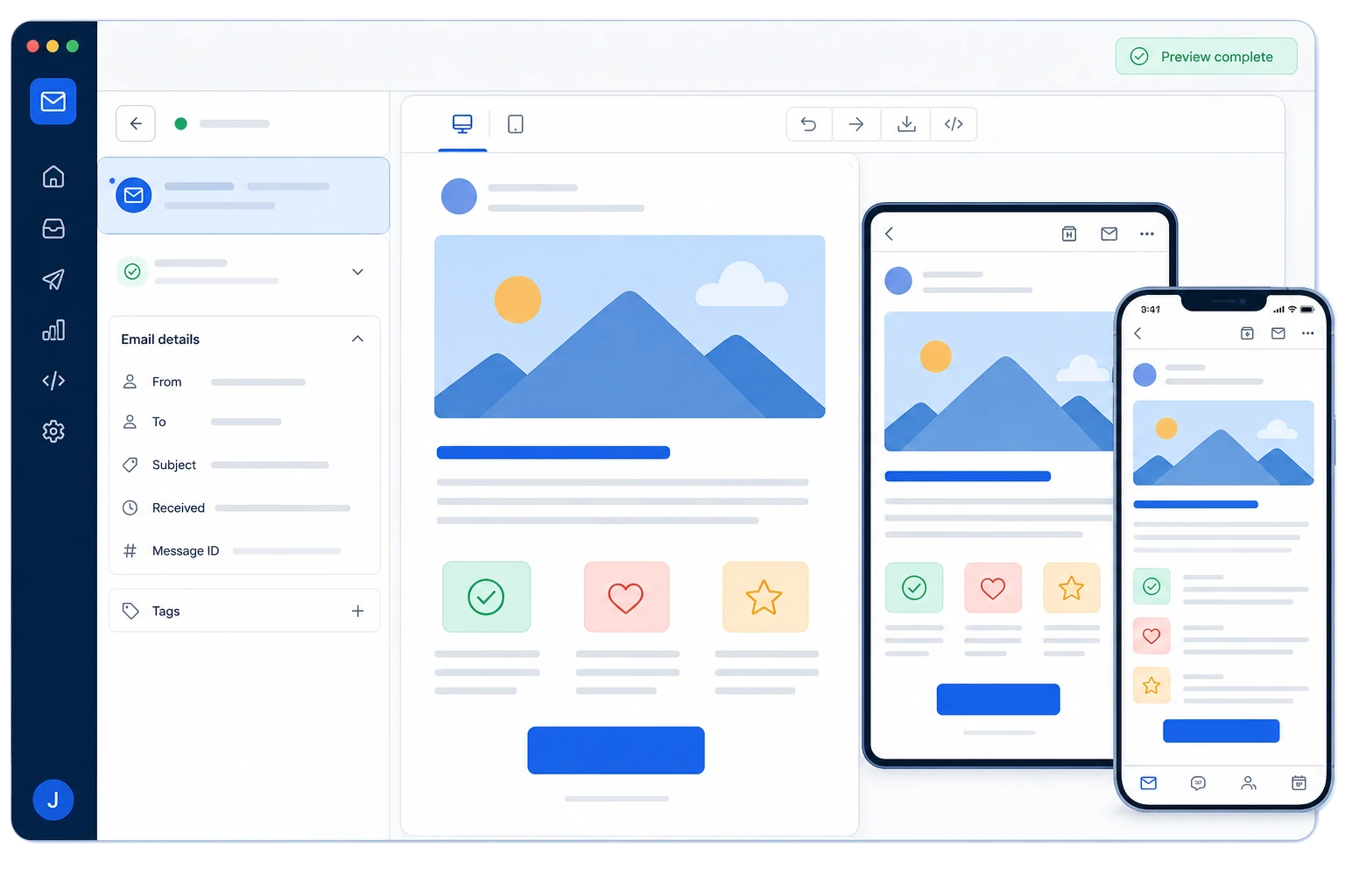 A changed email reviewed again across desktop, tablet, and mobile renders