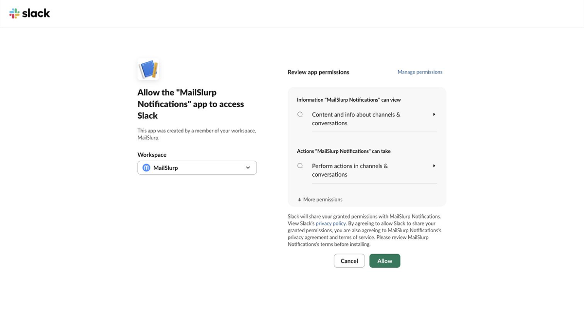 Slack OAuth approval screen for MailSlurp Notifications
