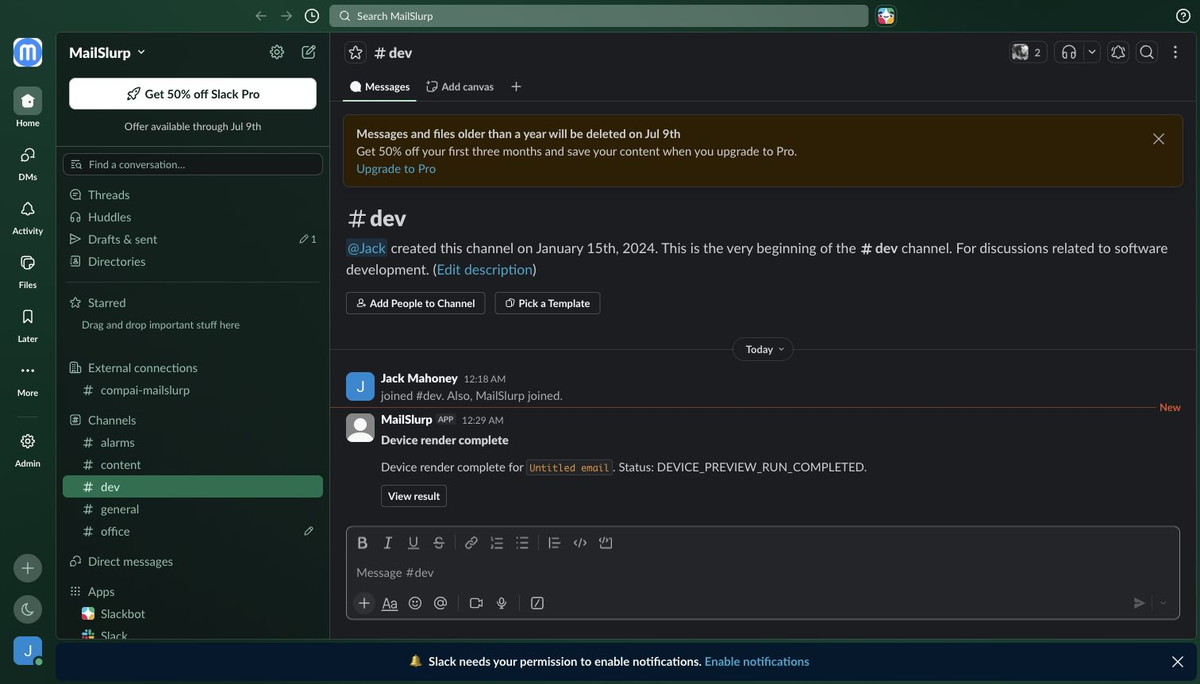Slack channel with a MailSlurp device render notification