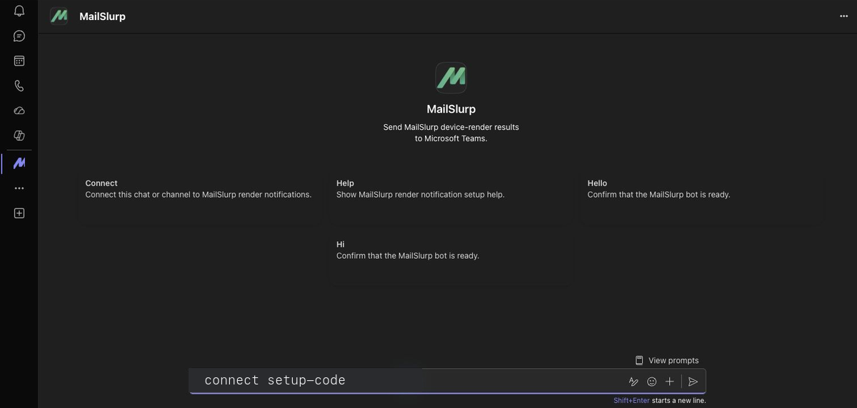 Microsoft Teams chat with a prefilled MailSlurp connect message ready to send