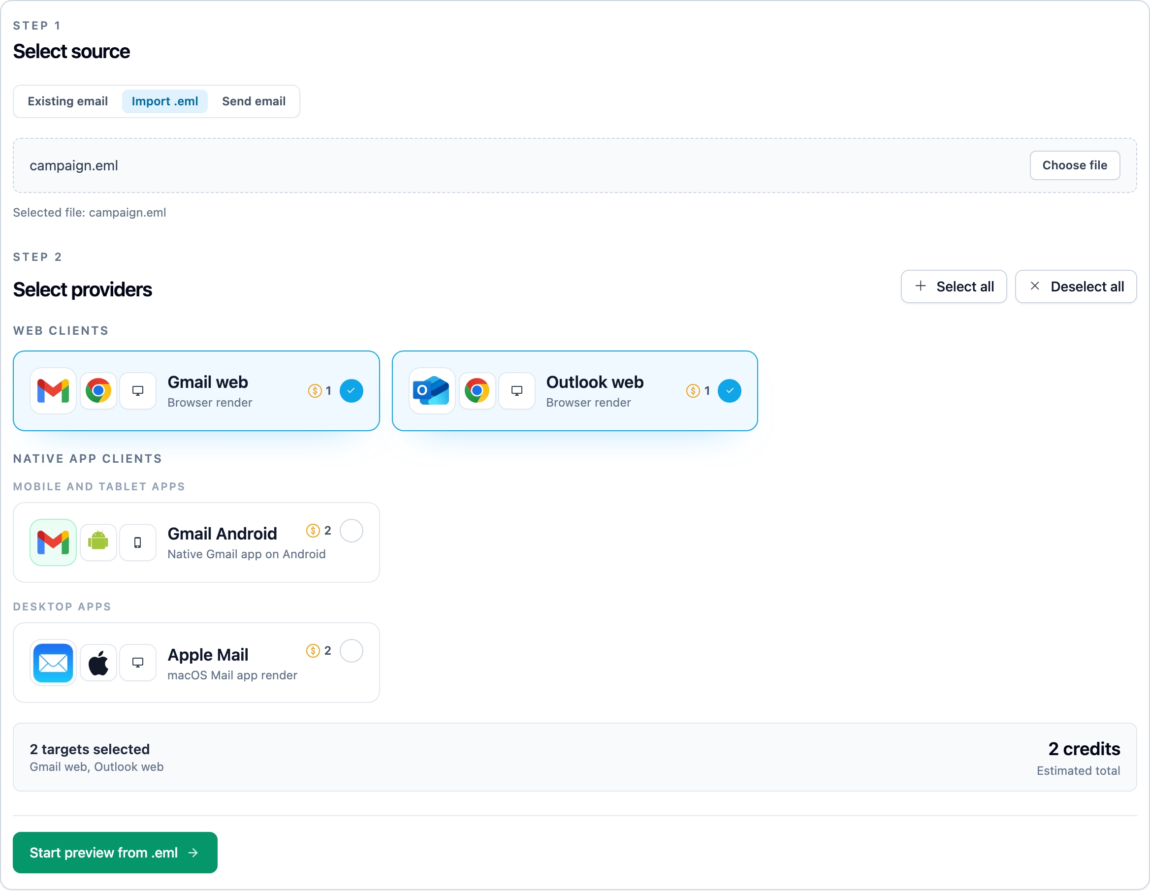 MailSlurp import form with an .eml file selected for device rendering