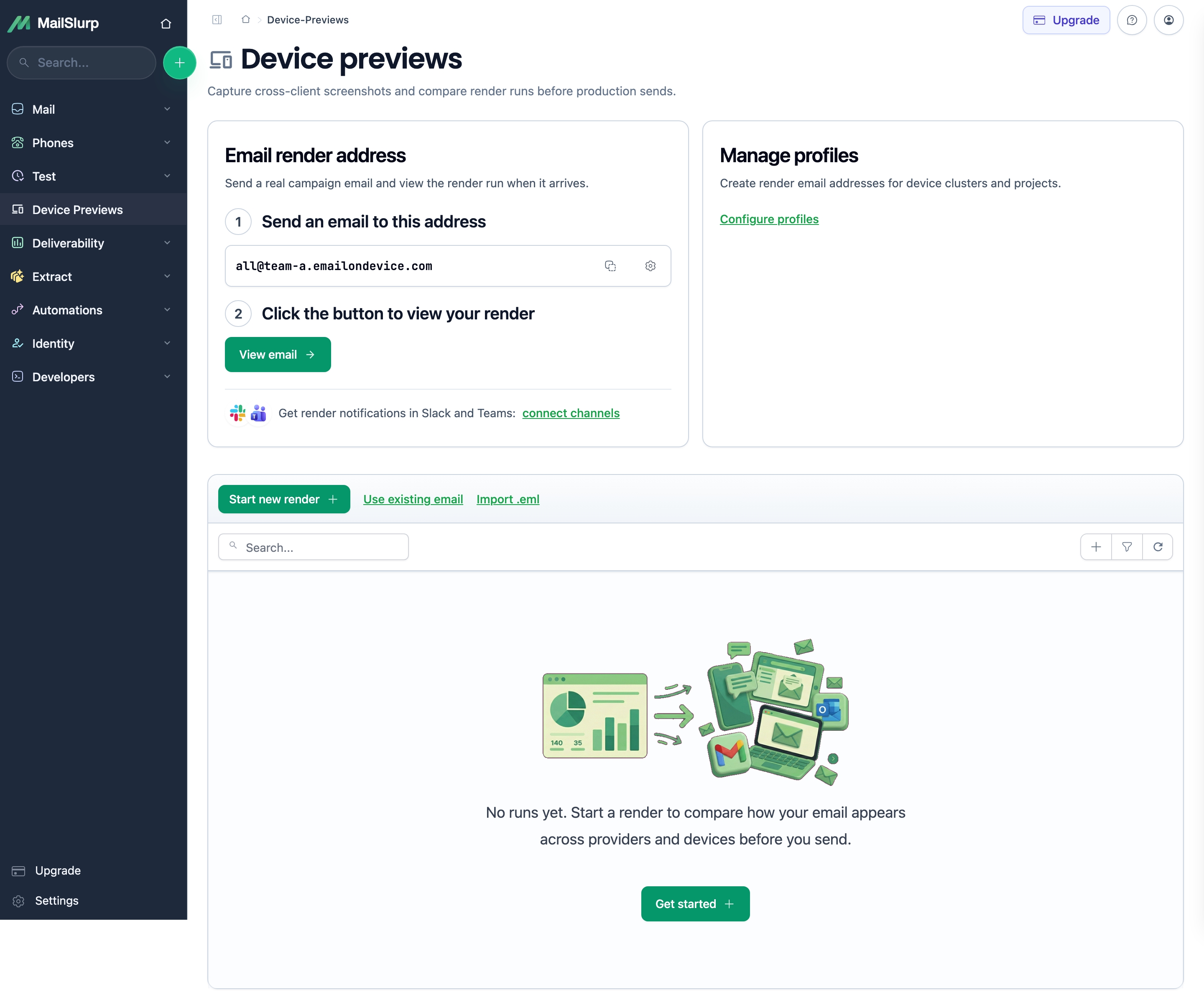 MailSlurp device previews page with the Import .eml action