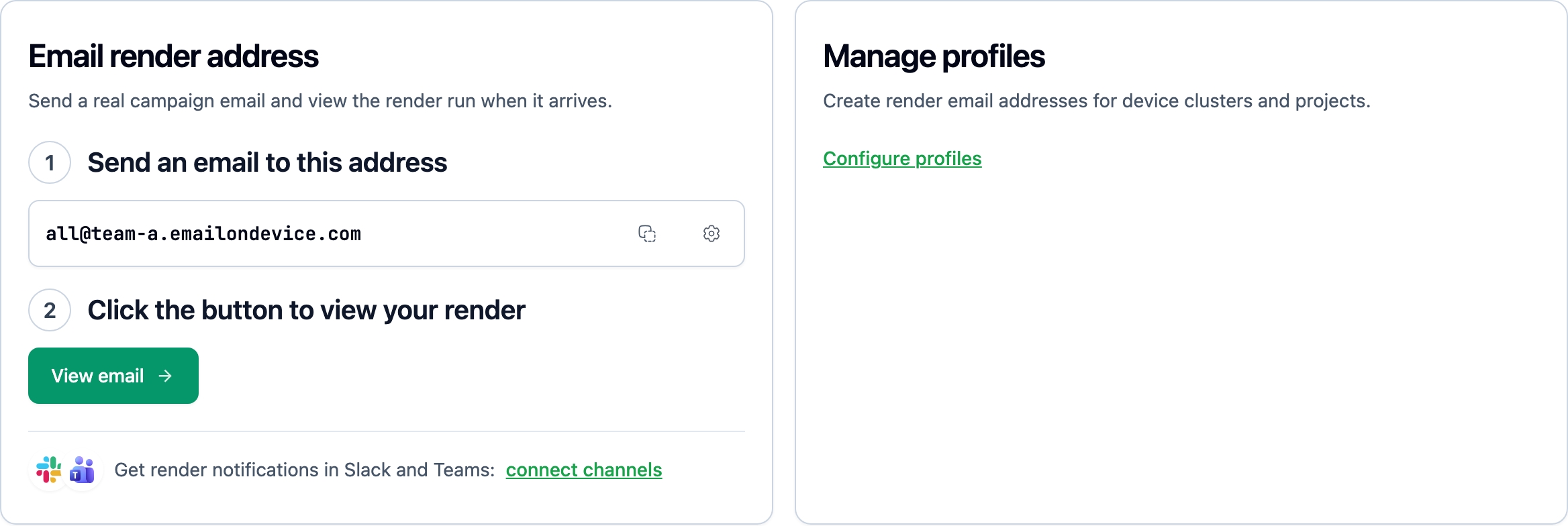 MailSlurp device preview overview showing the render email address and profile management