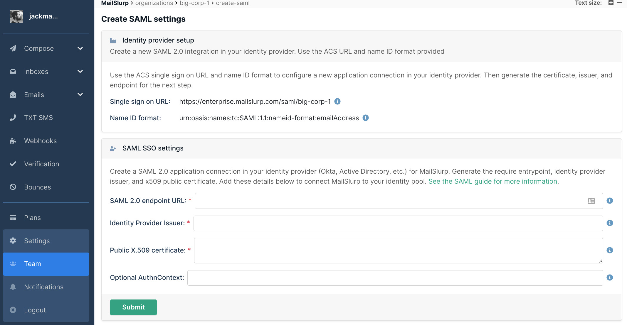 SAML settings