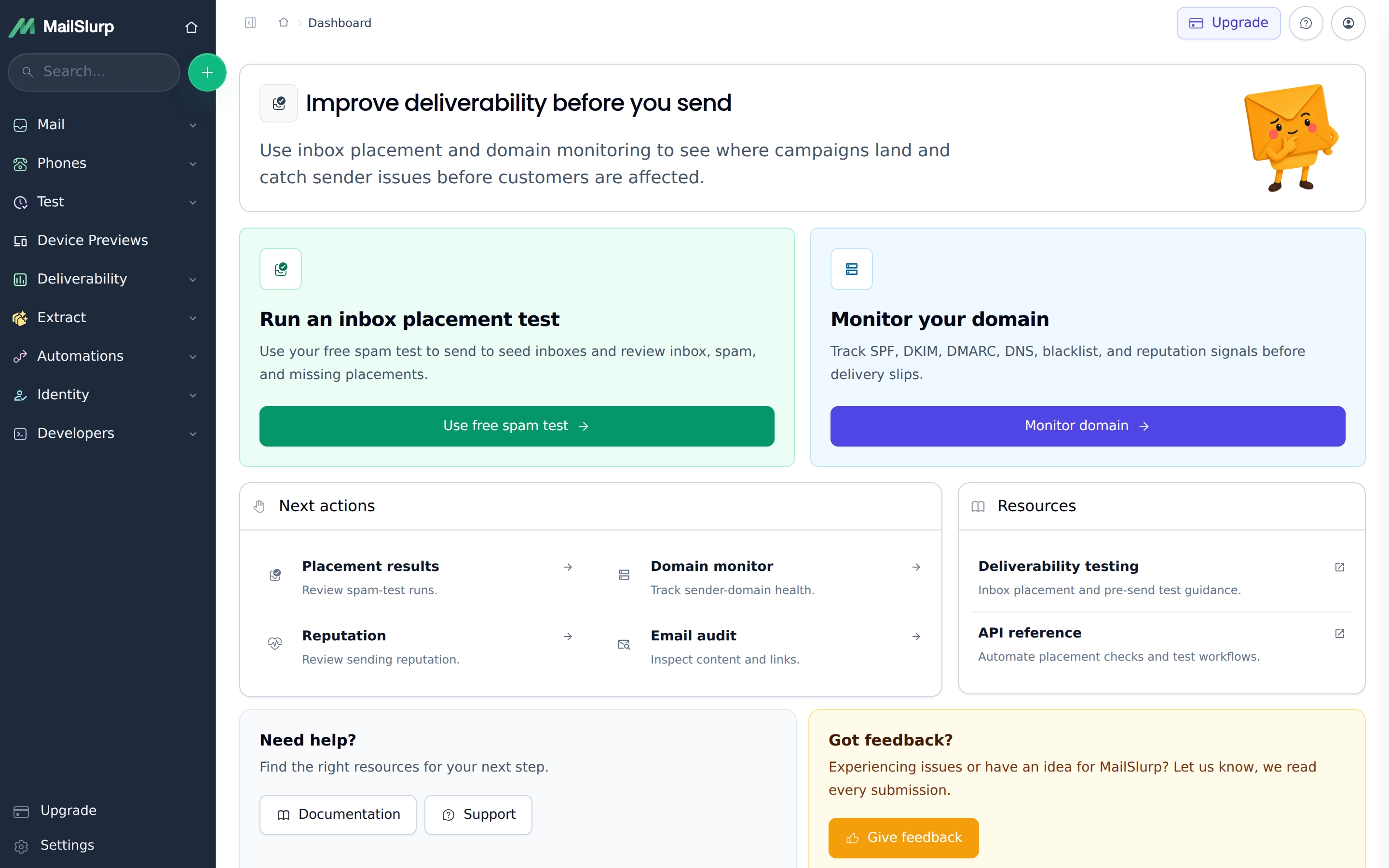 MailSlurp dashboard sidebar with Deliverability highlighted