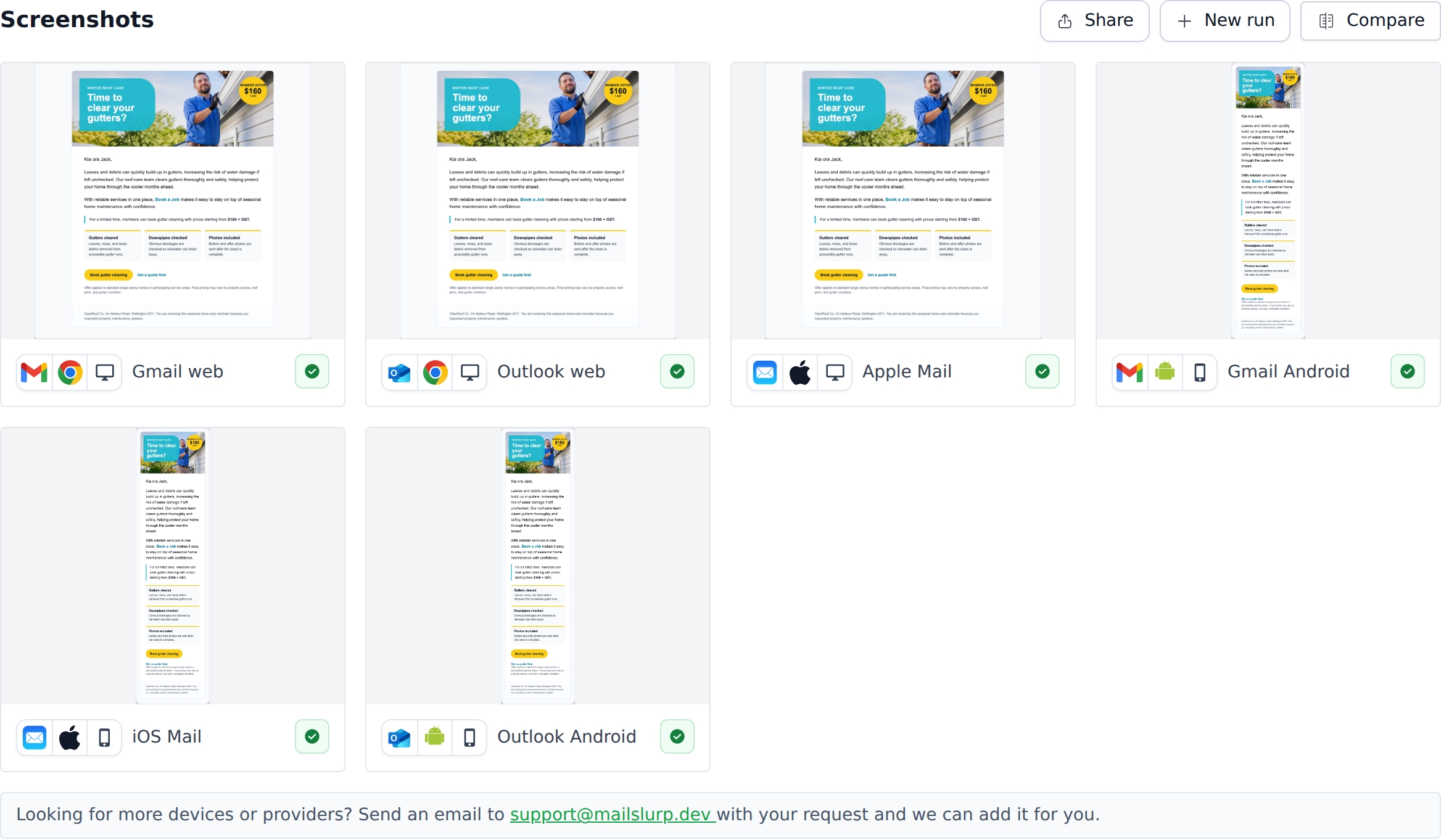 Device preview results grid showing desktop and mobile email renders