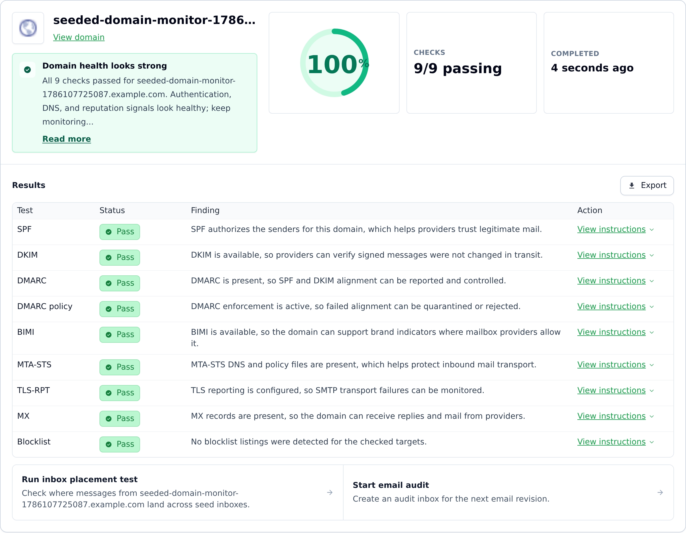 MailSlurp Domain Monitor showing sender-domain health checks
